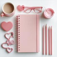 Soft pink stationery and accessories arranged neatly with a cup of coffee on a white background photo