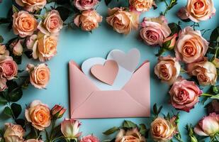 A pink envelope surrounded by soft pink roses and a heart embellishment on a serene background photo