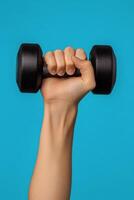 Strong hand lifting a dumbbell against a light blue background showcasing fitness and determination photo