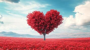 Red heart shaped tree in a vivid flower field under a bright sky during daylight photo