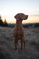 A majestic dog stands proudly in a field at sunset, capturing the beauty of a golden hour photo