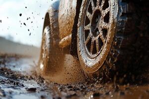 Off road vehicle kicks up mud while navigating a rugged trail in an outdoor adventure setting photo