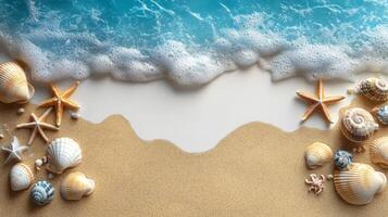 Seashells and starfish scattered along the sandy beach with gentle waves lapping in the morning sun photo