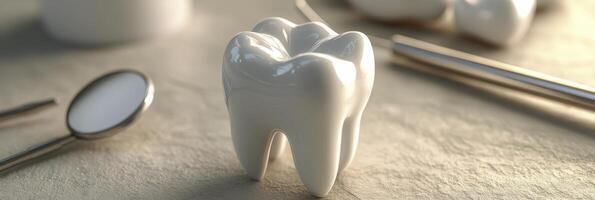 A detailed view of a ceramic tooth model on a countertop with dental tools in a clinic setting photo