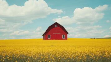 A red barn stands in a vibrant yellow field under a clear blue sky in rural countryside photo