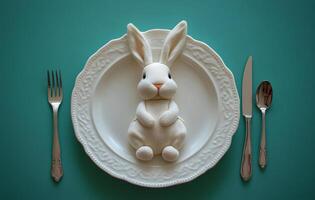 A decorative setting featuring a white rabbit sculpture on a green plate with eggs and utensils photo