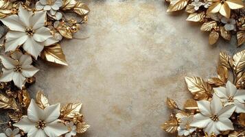 Elegant golden floral arrangement with white flowers on a soft golden background photo