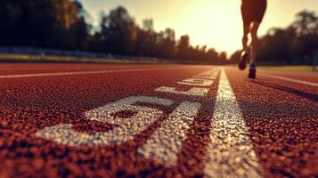Runner on a track during sunset with a blurred focus on numbered lane markings and nature photo