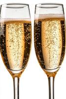 Two elegant champagne flutes filled with sparkling wine on a white background photo