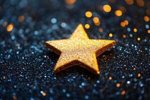 Golden star resting on a bed of sparkling black glitter in a festive setting during the evening photo