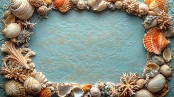 Decorative arrangement of seashells and coral on a textured background showcasing ocean life photo
