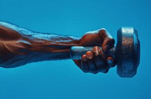 A person lifting a black dumbbell against a light blue background during workout session photo