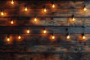 Warm string lights illuminate a rustic wooden wall in a cozy indoor setting at night photo