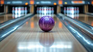 Purple bowling ball rolling down lane with pins in background at bowling alley during evening hours photo