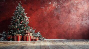 A decorated Christmas tree stands against a deep red wall, surrounded by wrapped gifts photo