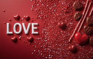 Festive display of red hearts and chocolates celebrating love on a textured background photo