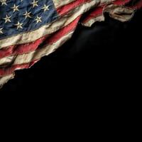 Worn American flag with visible textures against a dark background in a reflective display photo