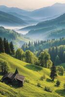 Serene early morning in the mountains with lush hills and rustic wooden cabins amid greenery photo