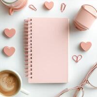 Soft pink stationery and accessories arranged neatly with a cup of coffee on a white background photo