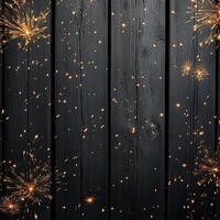 Sparks flying across a wooden surface during a celebration at night with a dark background photo