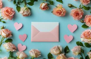 A pink envelope surrounded by soft pink roses and a heart embellishment on a serene background photo