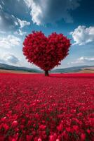A heart shaped tree stands amidst a vibrant field of red flowers under a blue sky photo