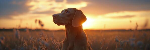 A dog enjoying a peaceful sunset in an open field during late afternoon hours photo
