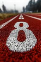 Red running track with lane number eight visible during cloudy weather photo