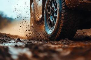 Off road vehicle kicks up mud while navigating a rugged trail in an outdoor adventure setting photo