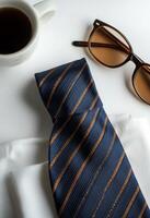 un clásico Armada Corbata con naranja rayas junto a Gafas de sol y un café taza en un blanco superficie foto