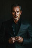Confident man adjusting his blazer in a sophisticated pose against a dark background photo