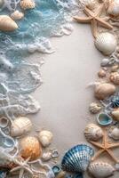 Seashells and starfish along the sandy shore with gentle waves at the beach photo
