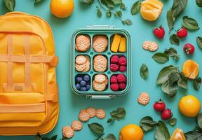 Colorful lunchbox filled with fruits and cookies surrounded by a cheerful yellow backpack photo