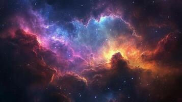 Colorful cosmic cloud formation illuminated by distant starlight in the night sky photo