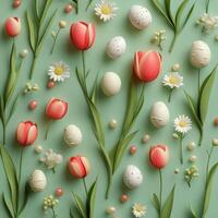 Colorful spring arrangement with tulips, eggs, and daisies on a green background during Easter photo