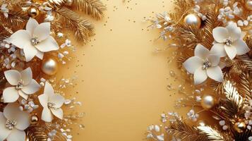 Elegant golden floral arrangement with white flowers on a soft golden background photo