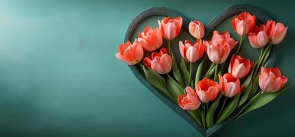 Romantic arrangement of pink tulips forming a heart on a green background during spring season photo