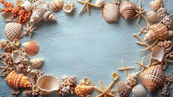 Decorative arrangement of seashells and coral on a textured background showcasing ocean life photo