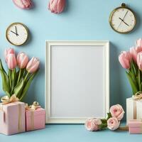 Elegant display of pink tulips, gifts, and a clock on a pastel backdrop during daytime photo