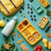 Colorful school lunch setup with fresh fruits and snacks on a teal background photo