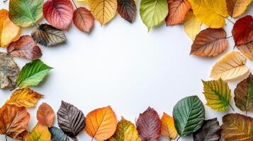 Autumn leaves arranged in a decorative border on a neutral background during fall season photo