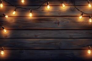 Warm string lights illuminate a rustic wooden wall in a cozy indoor setting at night photo