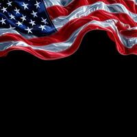 Worn American flag with visible textures against a dark background in a reflective display photo