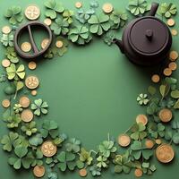 Decorative green backdrop with clovers, coins, and a pot for a festive celebration photo