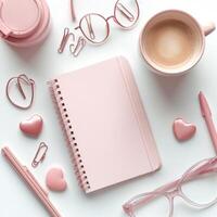 Soft pink stationery and accessories arranged neatly with a cup of coffee on a white background photo