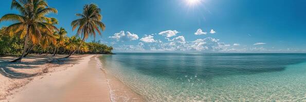 Serene tropical beach with turquoise waters and palm trees on a sunny day in a peaceful location photo