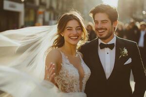 A joyful bride and groom walk hand in hand during golden hour at their wedding celebration photo