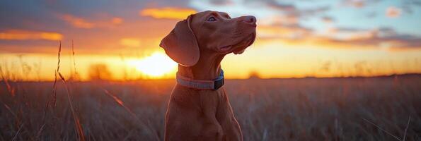 A dog enjoying a peaceful sunset in an open field during late afternoon hours photo