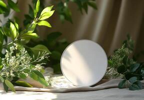 Circular white object on a table surrounded by green plants in natural light at midday photo