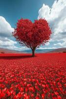A heart shaped tree stands amidst a vibrant field of red flowers under a blue sky photo